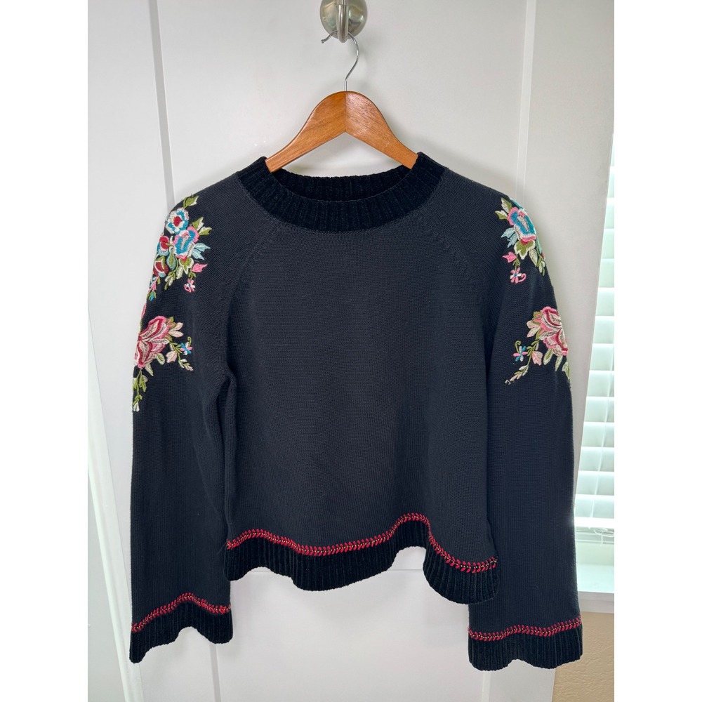 M&S Per Una Black Floral Embroidered Sweater Boho Folk Dark Cottagecore US 10